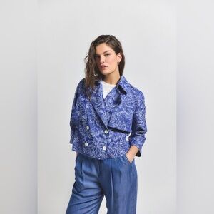 Derek Lam 10 Crosby Elijah Cropped Trench Jacket Blue Floral Denim NWOT